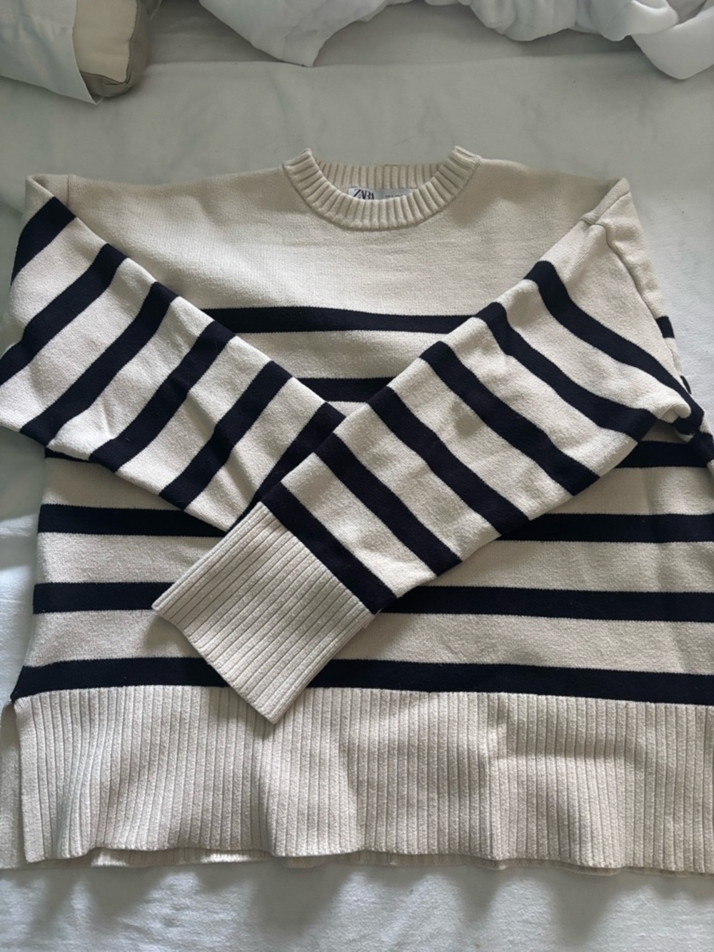 Oversized Zara Striped Crewneck Sweater - Cream and Black
